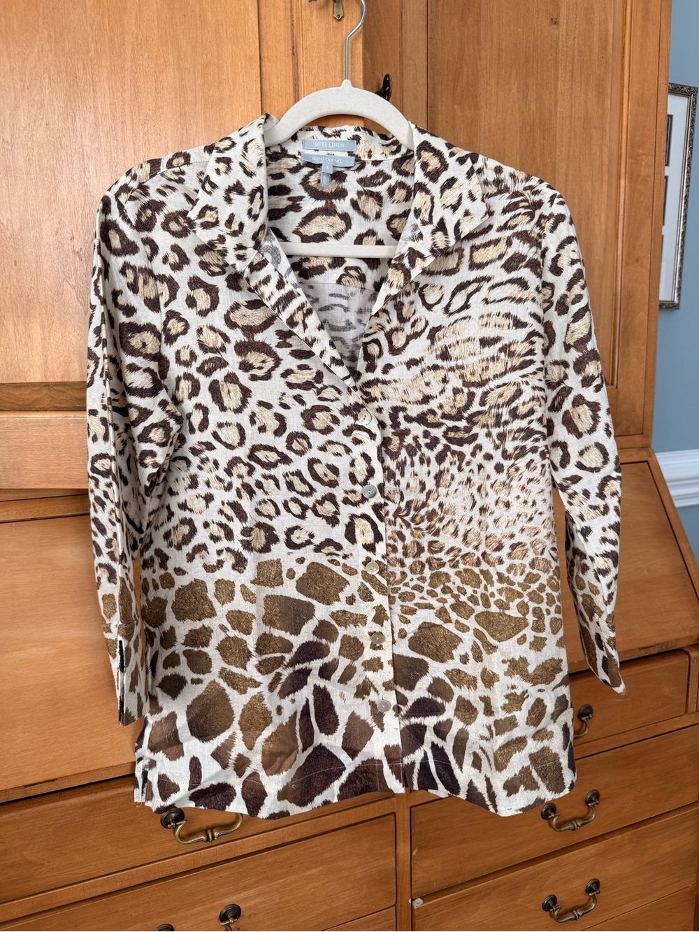Animal-Print Button-Down Shirt in Cream & Brown